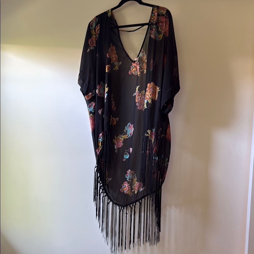 Black Floral Boho Swim Cover Up with Fringe